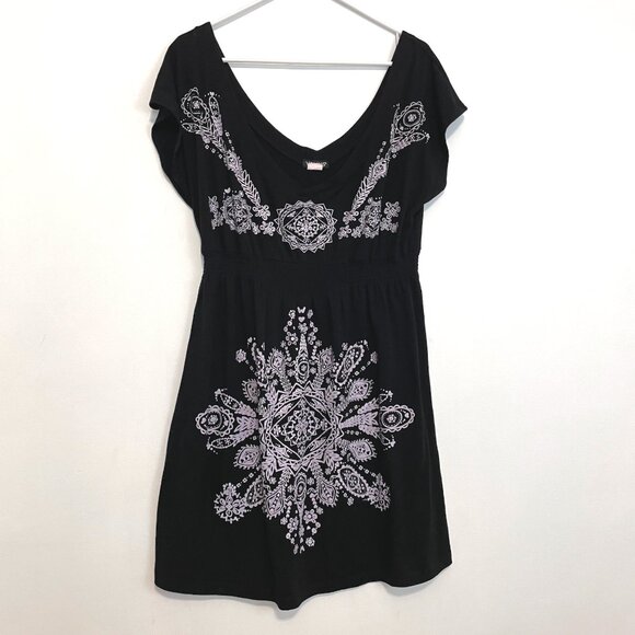 VENUS Printed Beach Dress Empire Waist Dress / Swimsuit Cover Up Black Boho XL - Picture 1 of 12